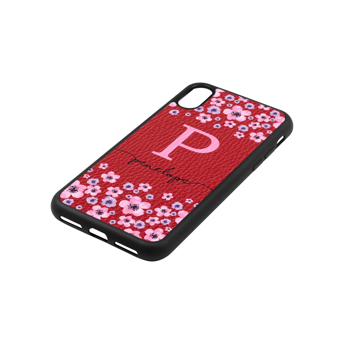 Personalised Pink Floral Red Pebble Leather iPhone Xs Case Side Angle