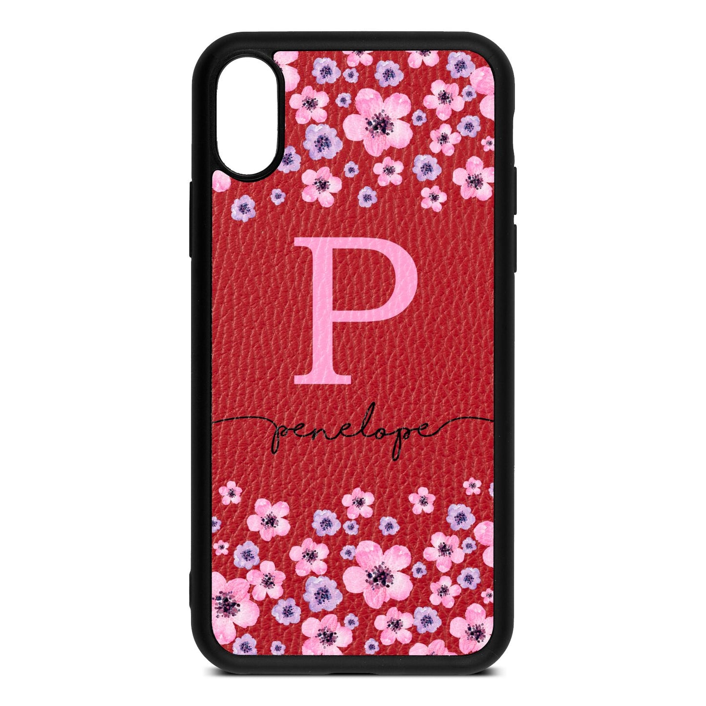 Personalised Pink Floral Red Pebble Leather iPhone Xs Case