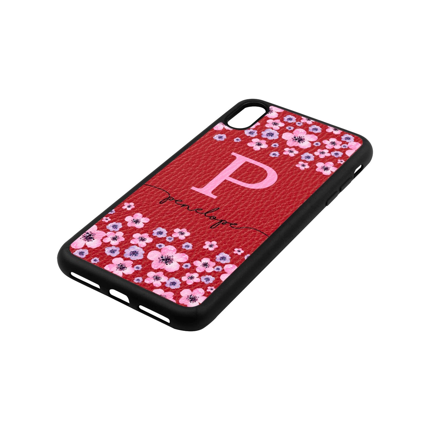 Personalised Pink Floral Red Pebble Leather iPhone Xs Max Case Side Angle