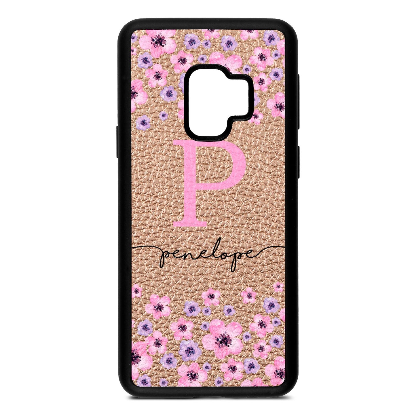 Personalised Pink Floral Rose Gold Pebble Leather Samsung S9 Case