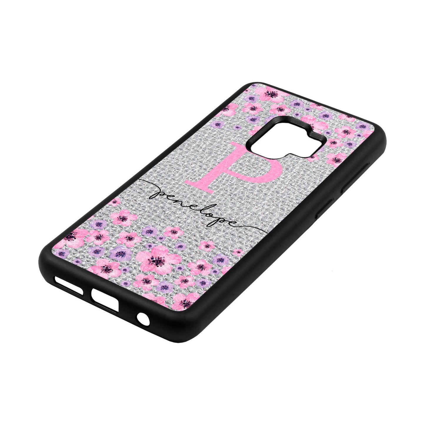 Personalised Pink Floral Silver Pebble Leather Samsung S9 Case Side Angle