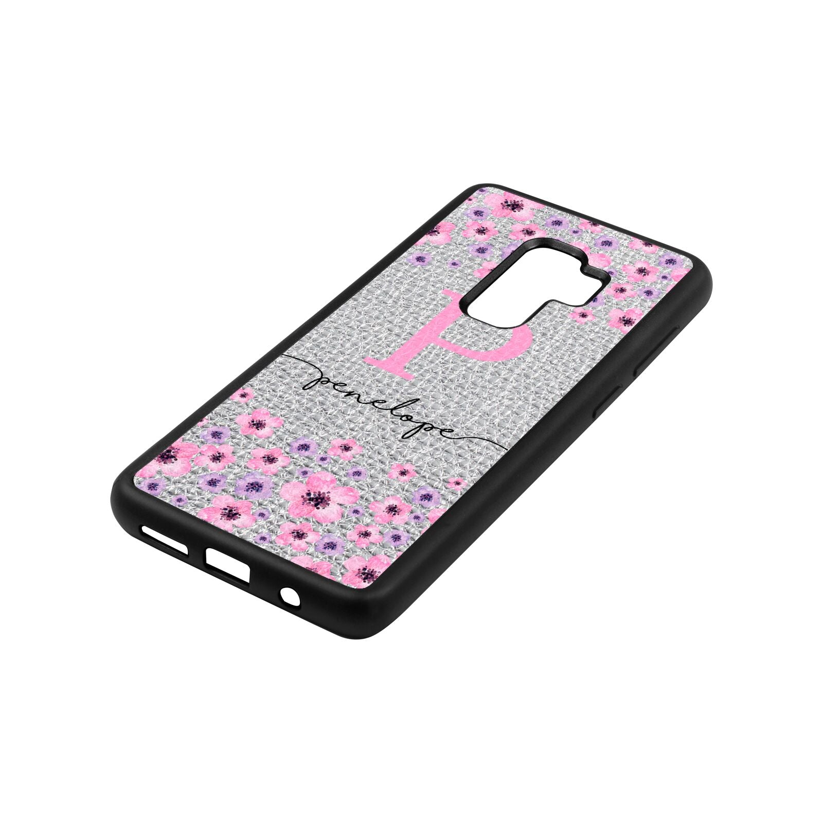 Personalised Pink Floral Silver Pebble Leather Samsung S9 Plus Case Side Angle