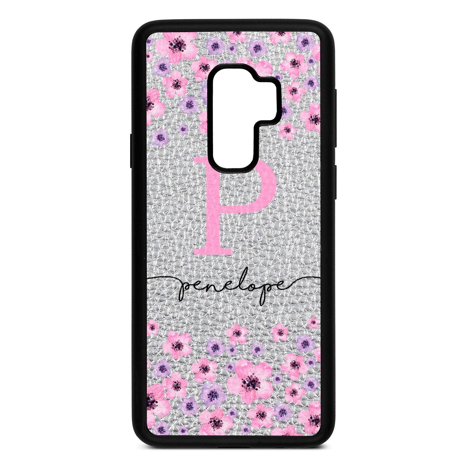 Personalised Pink Floral Silver Pebble Leather Samsung S9 Plus Case