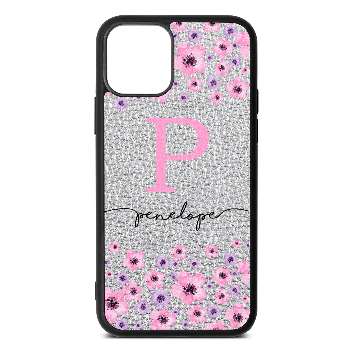 Personalised Pink Floral Silver Pebble Leather iPhone 11 Pro Case
