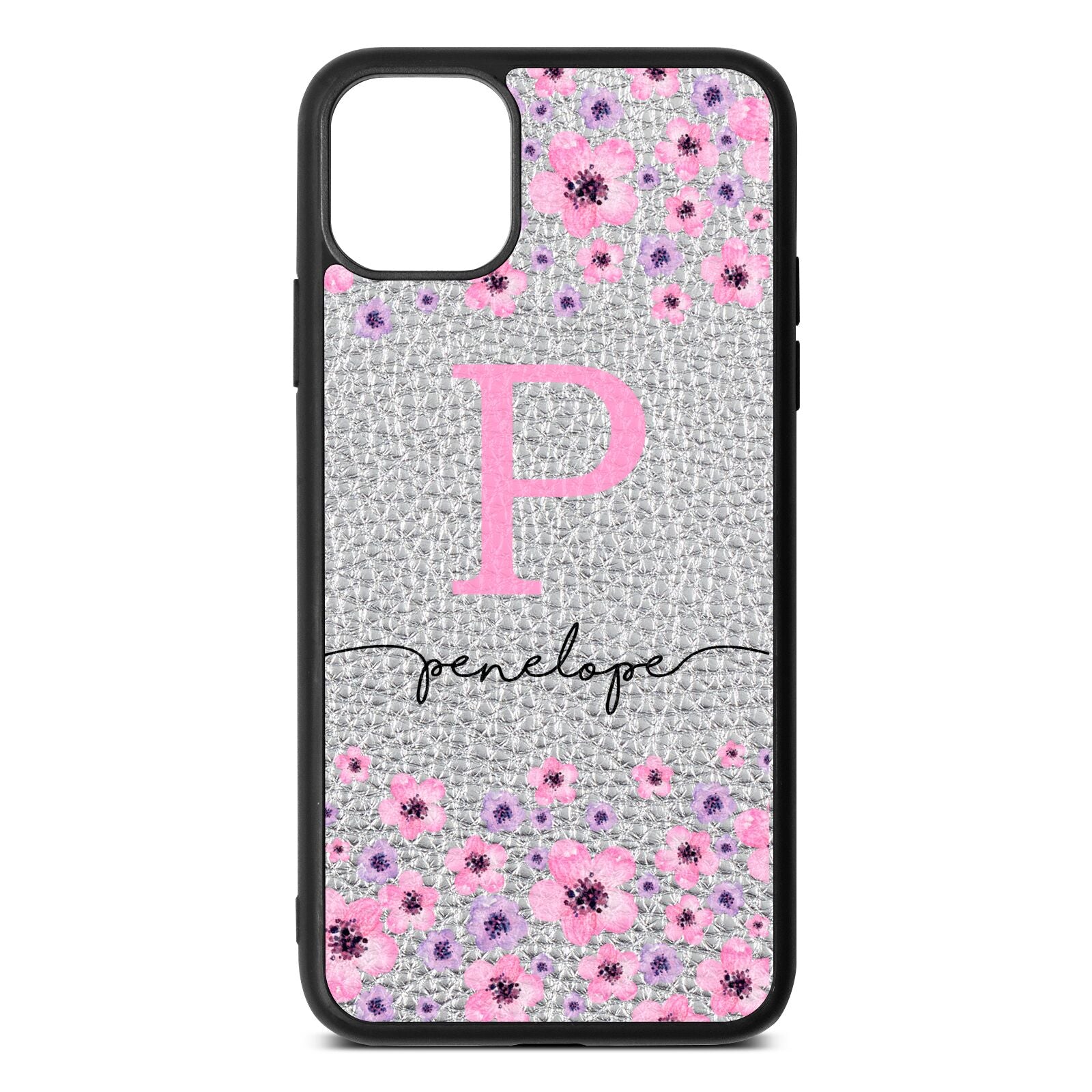 Personalised Pink Floral Silver Pebble Leather iPhone 11 Pro Max Case