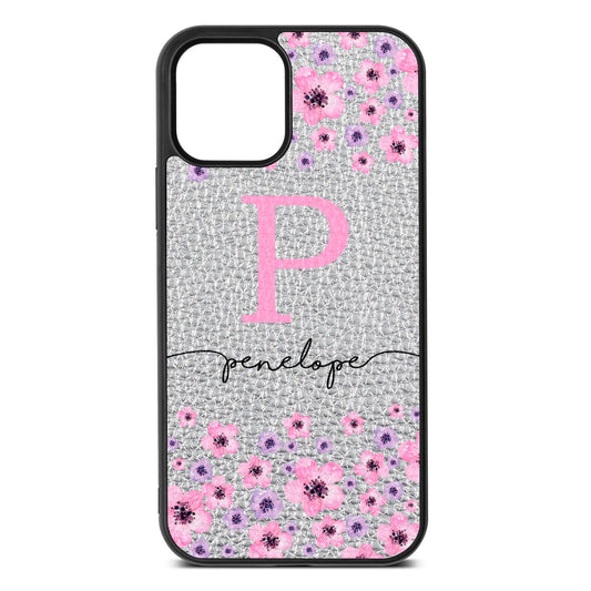 Personalised Pink Floral Silver Pebble Leather iPhone 12 Case