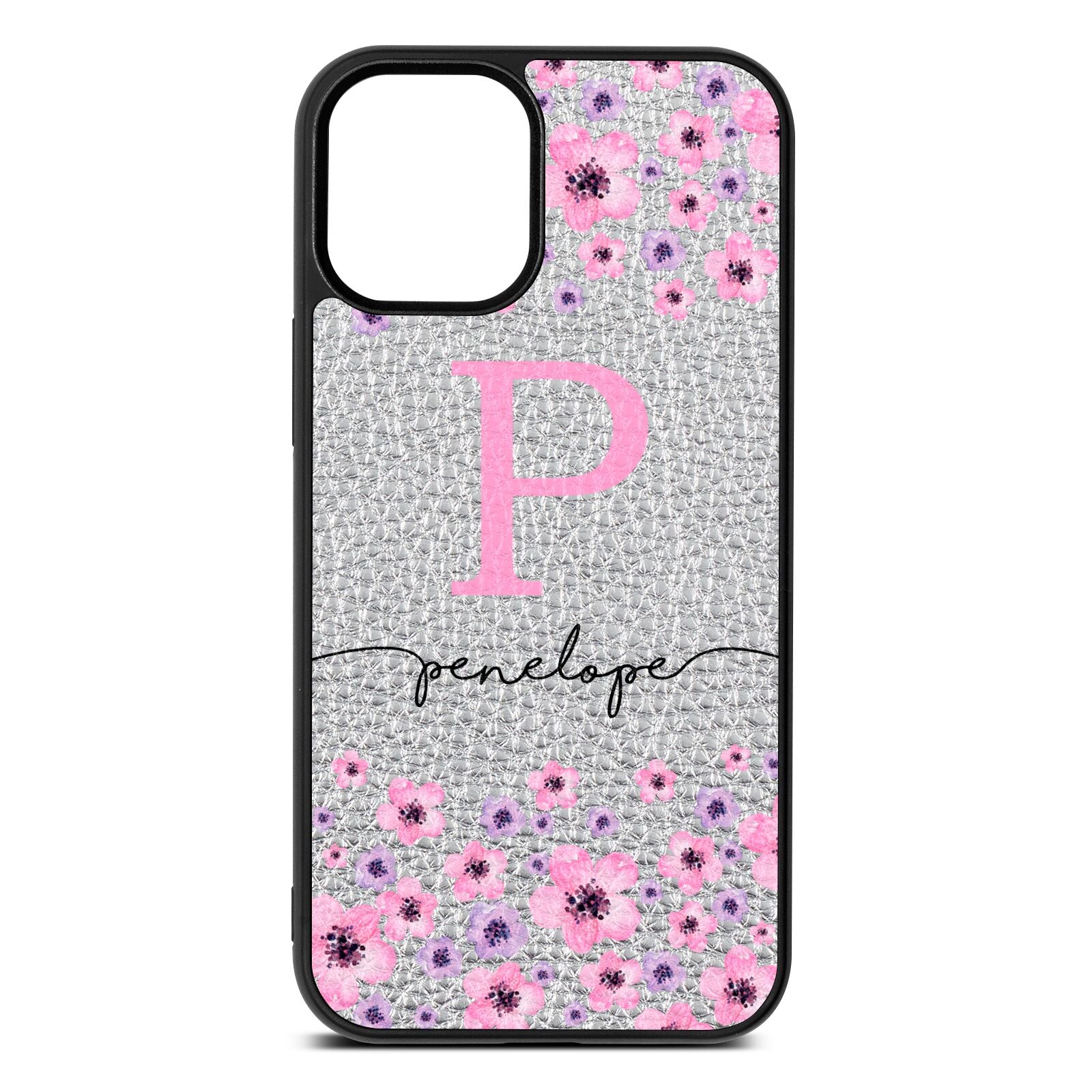 Personalised Pink Floral Silver Pebble Leather iPhone 12 Mini Case