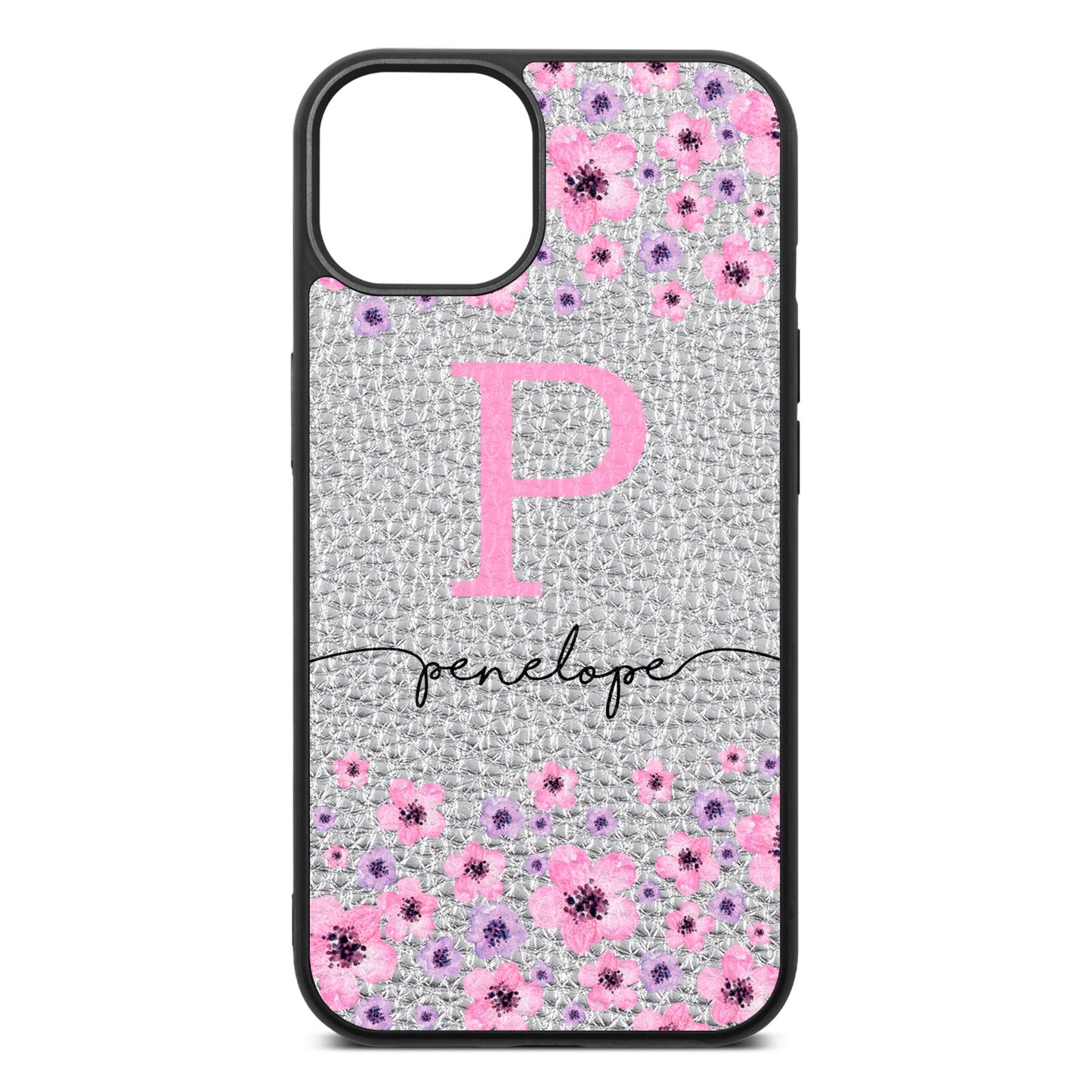 Personalised Pink Floral Silver Pebble Leather iPhone 13 Case