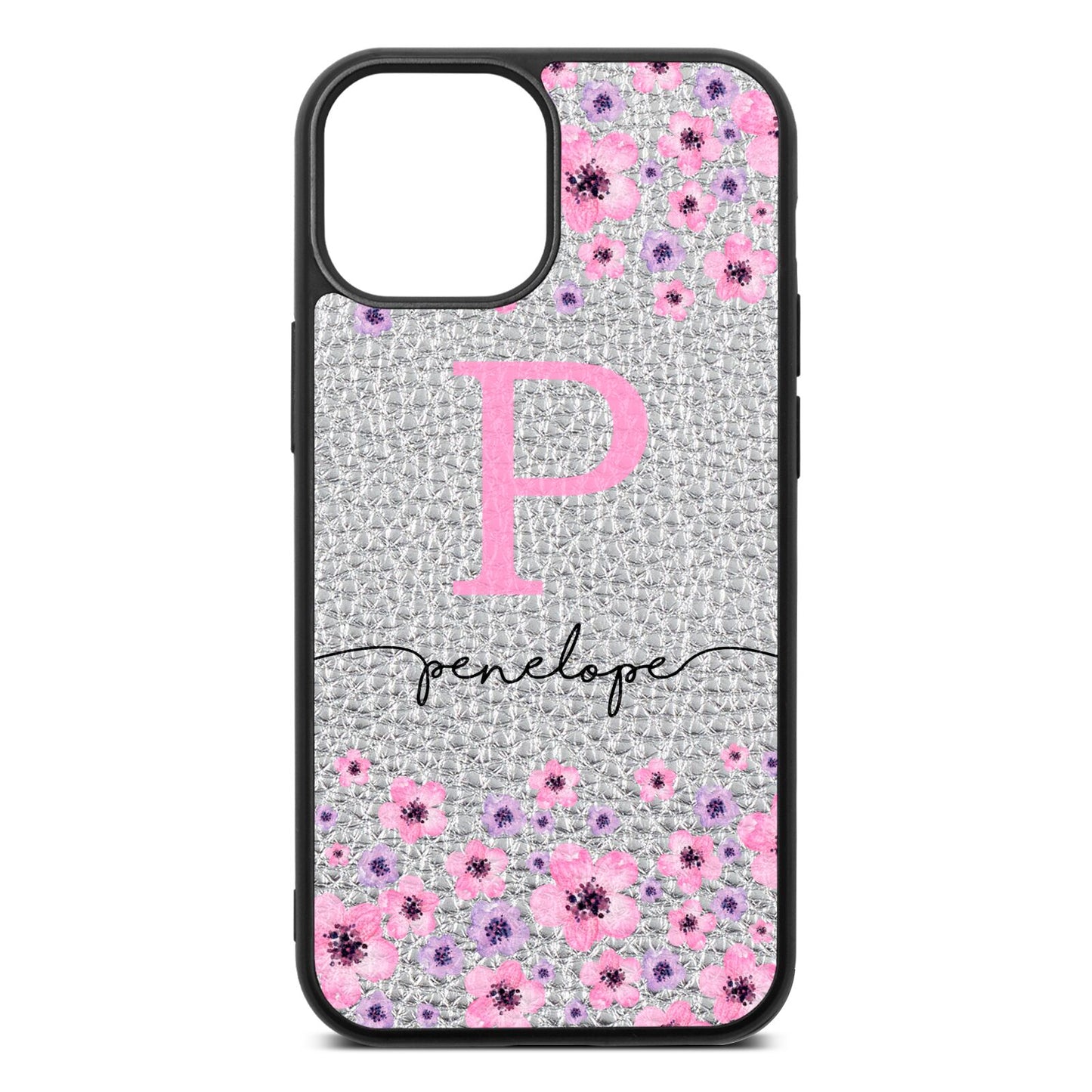 Personalised Pink Floral Silver Pebble Leather iPhone 13 Mini Case