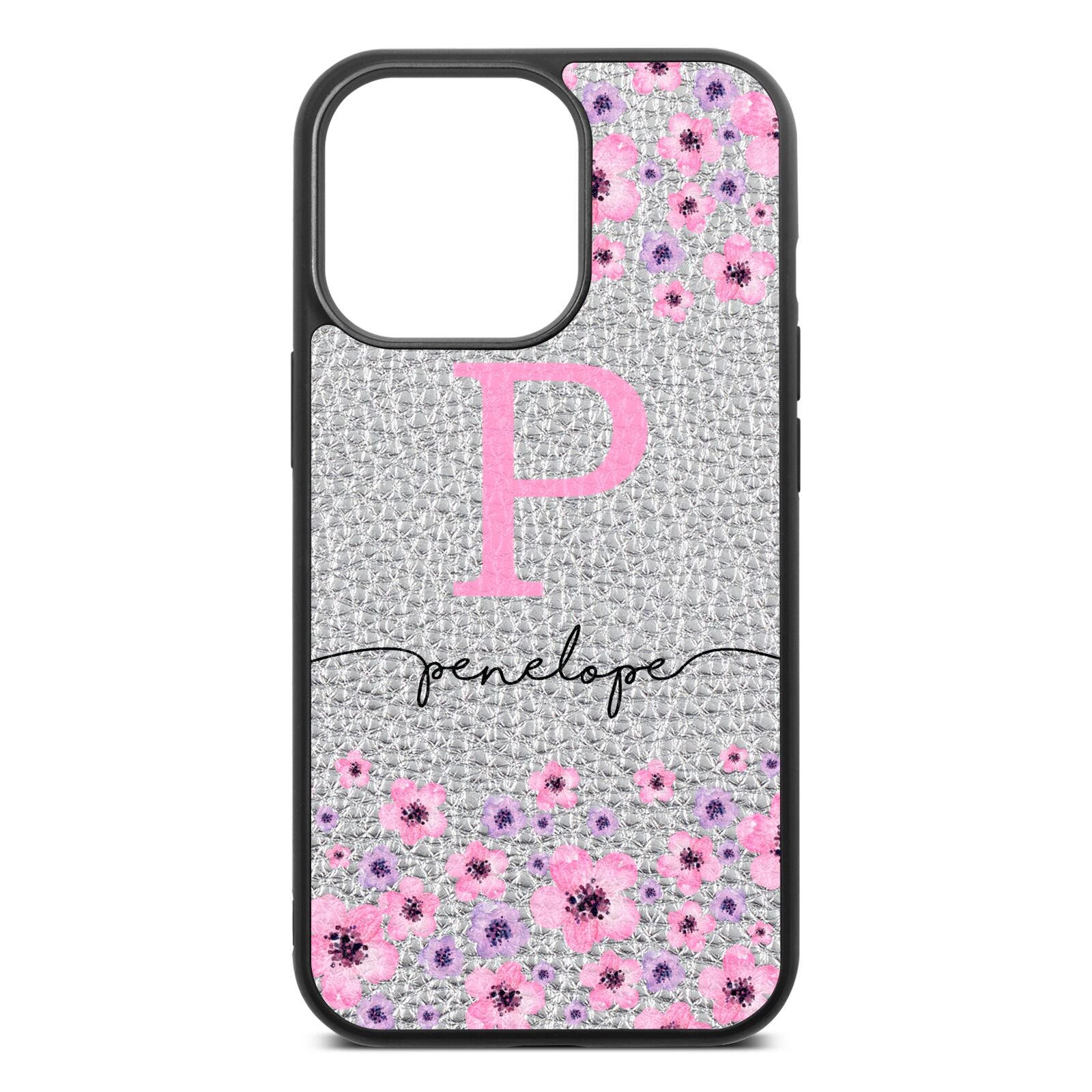 Personalised Pink Floral Silver Pebble Leather iPhone 13 Pro Case