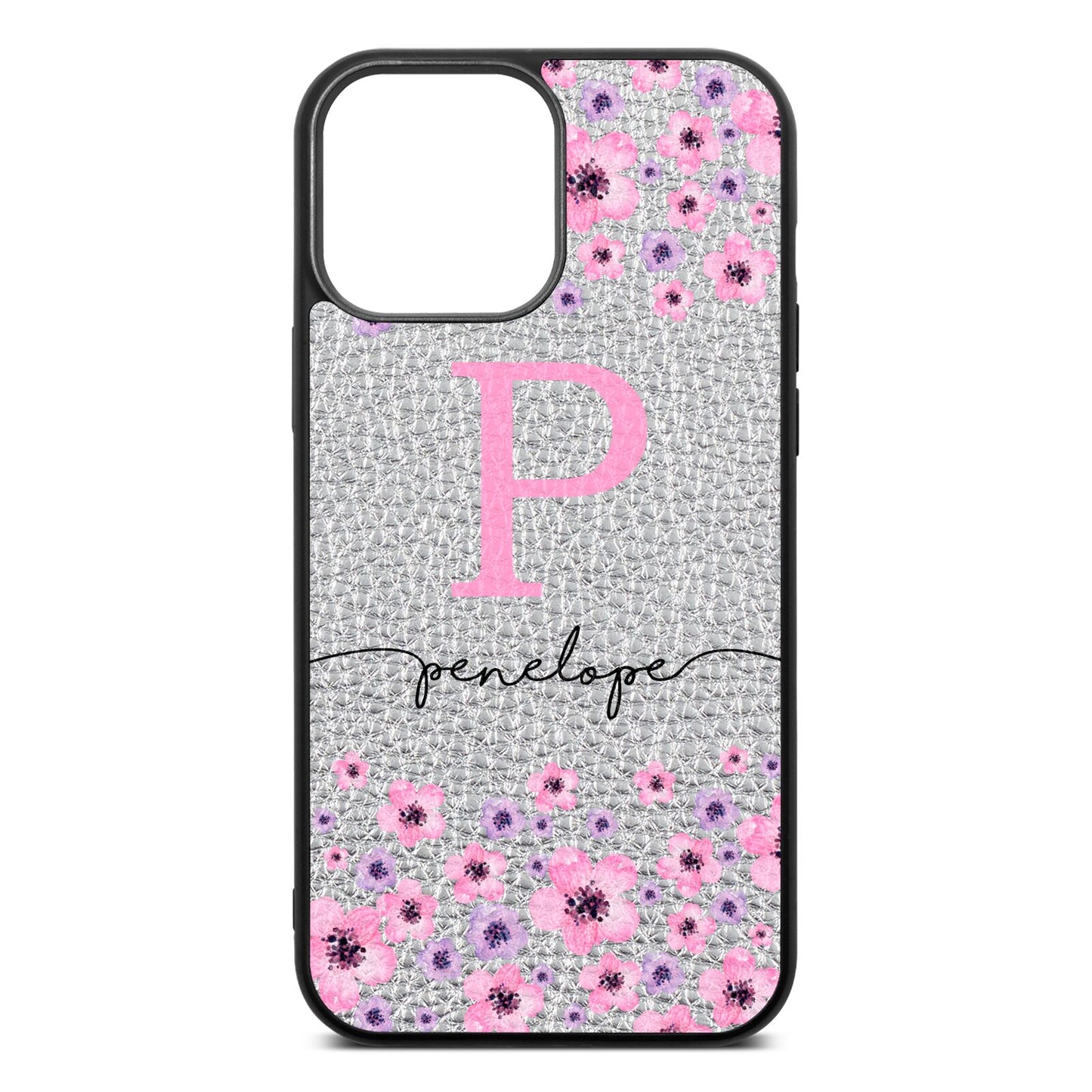 Personalised Pink Floral Silver Pebble Leather iPhone 13 Pro Max Case