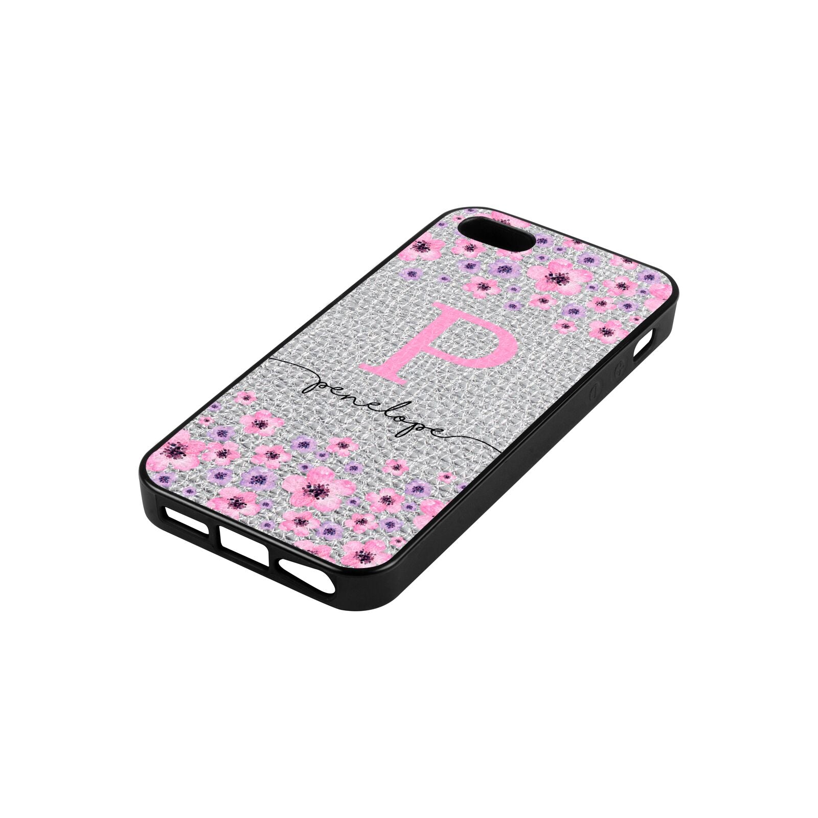 Personalised Pink Floral Silver Pebble Leather iPhone 5 Case Side Angle