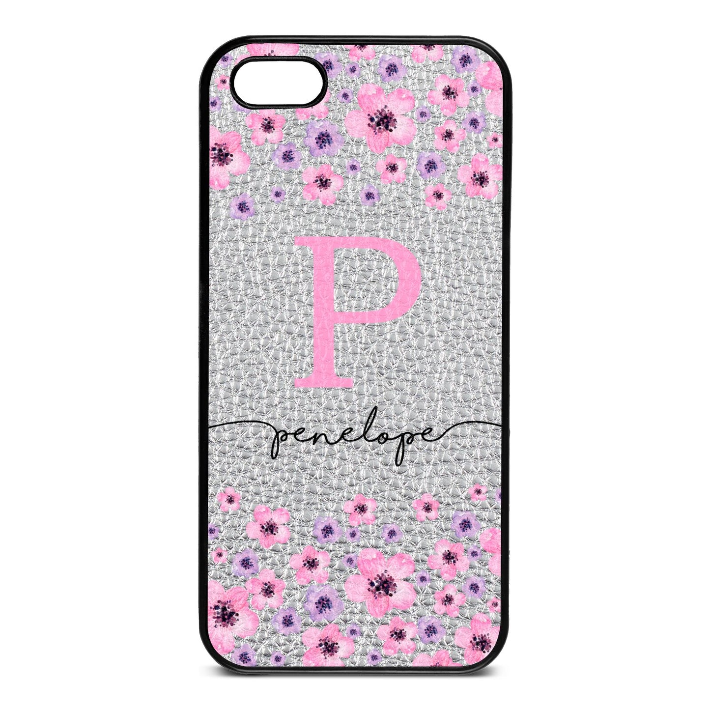Personalised Pink Floral Silver Pebble Leather iPhone 5 Case