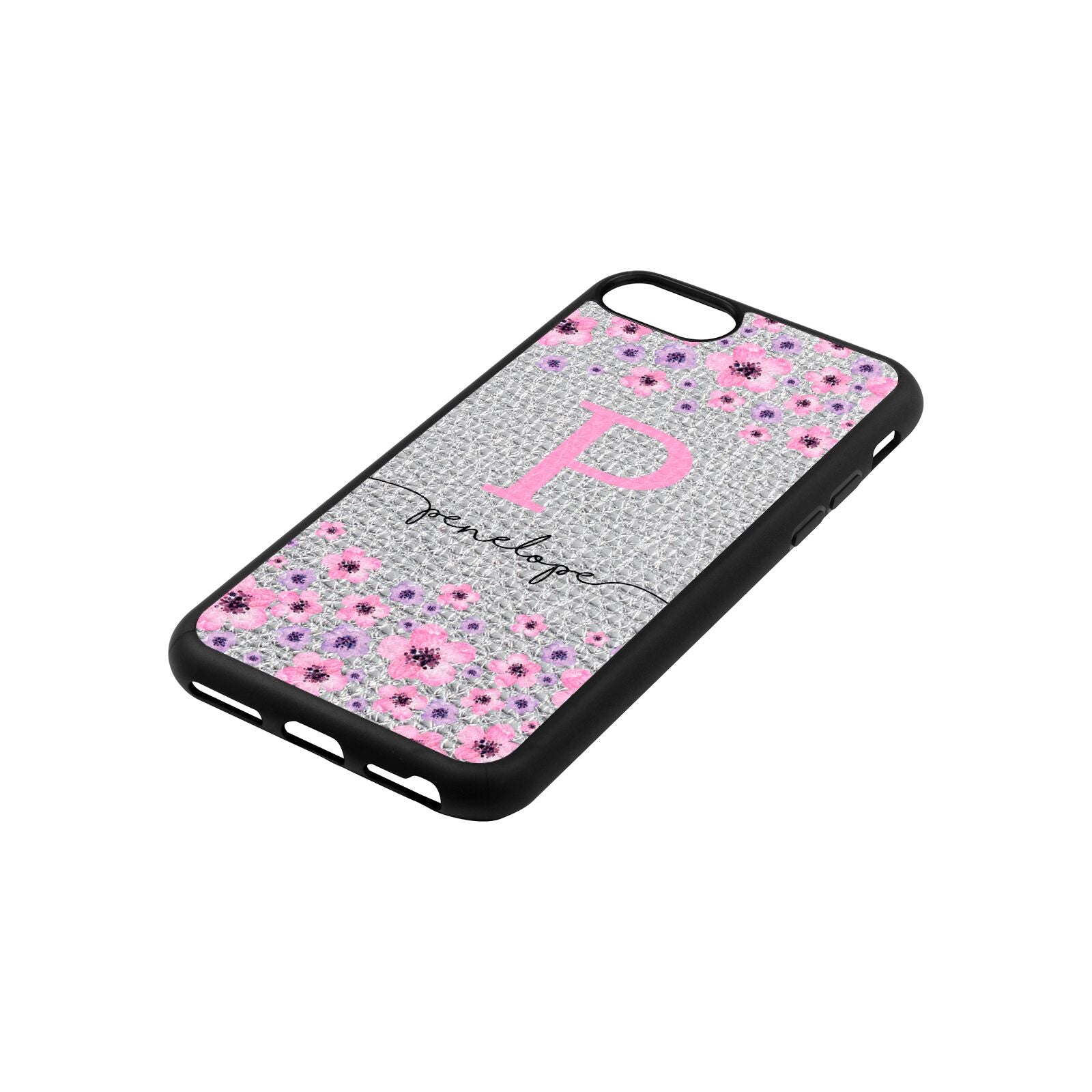 Personalised Pink Floral Silver Pebble Leather iPhone 8 Case Side Angle
