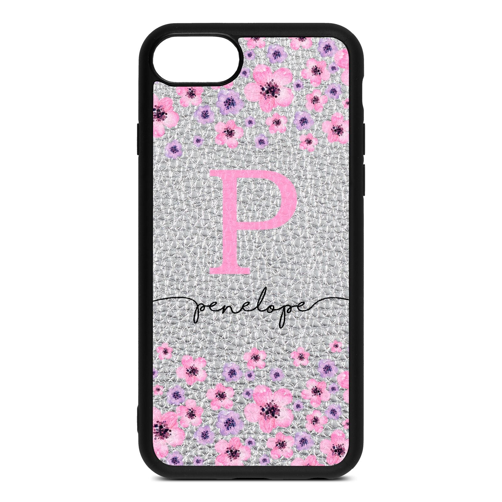 Personalised Pink Floral Silver Pebble Leather iPhone 8 Case