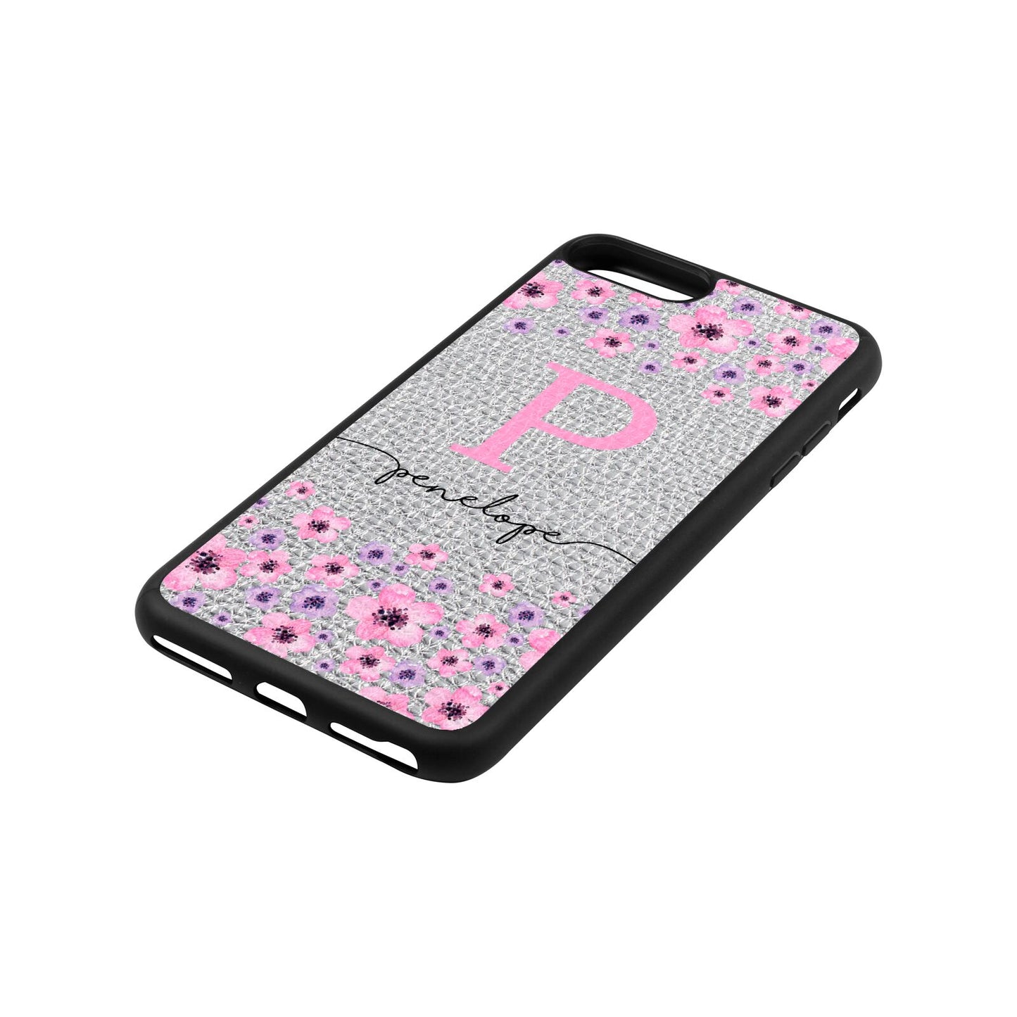 Personalised Pink Floral Silver Pebble Leather iPhone 8 Plus Case Side Angle