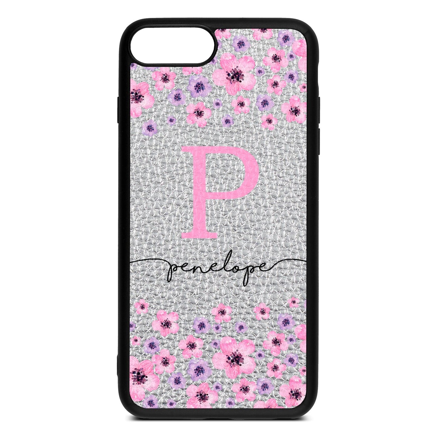 Personalised Pink Floral Silver Pebble Leather iPhone 8 Plus Case
