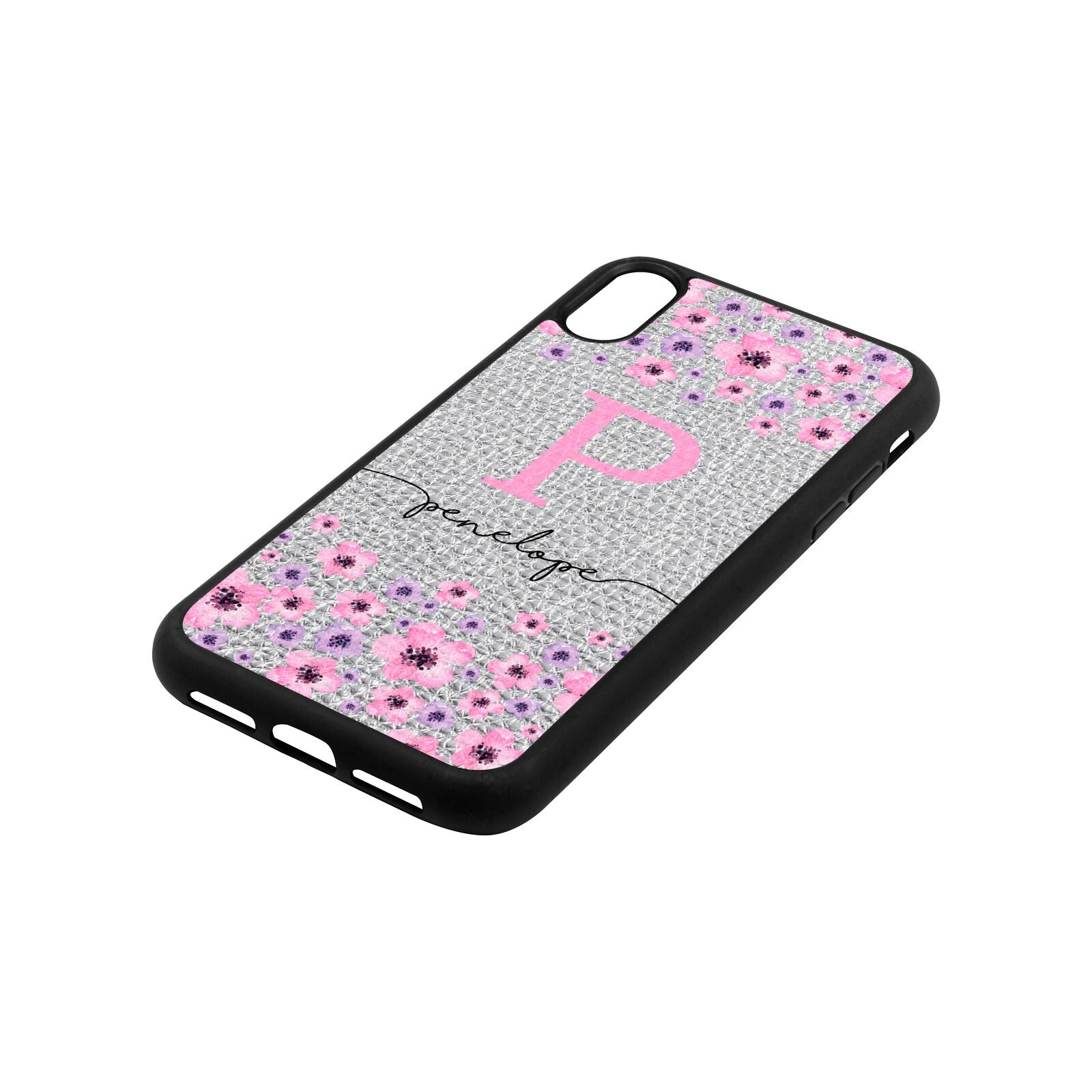 Personalised Pink Floral Silver Pebble Leather iPhone Xr Case Side Angle