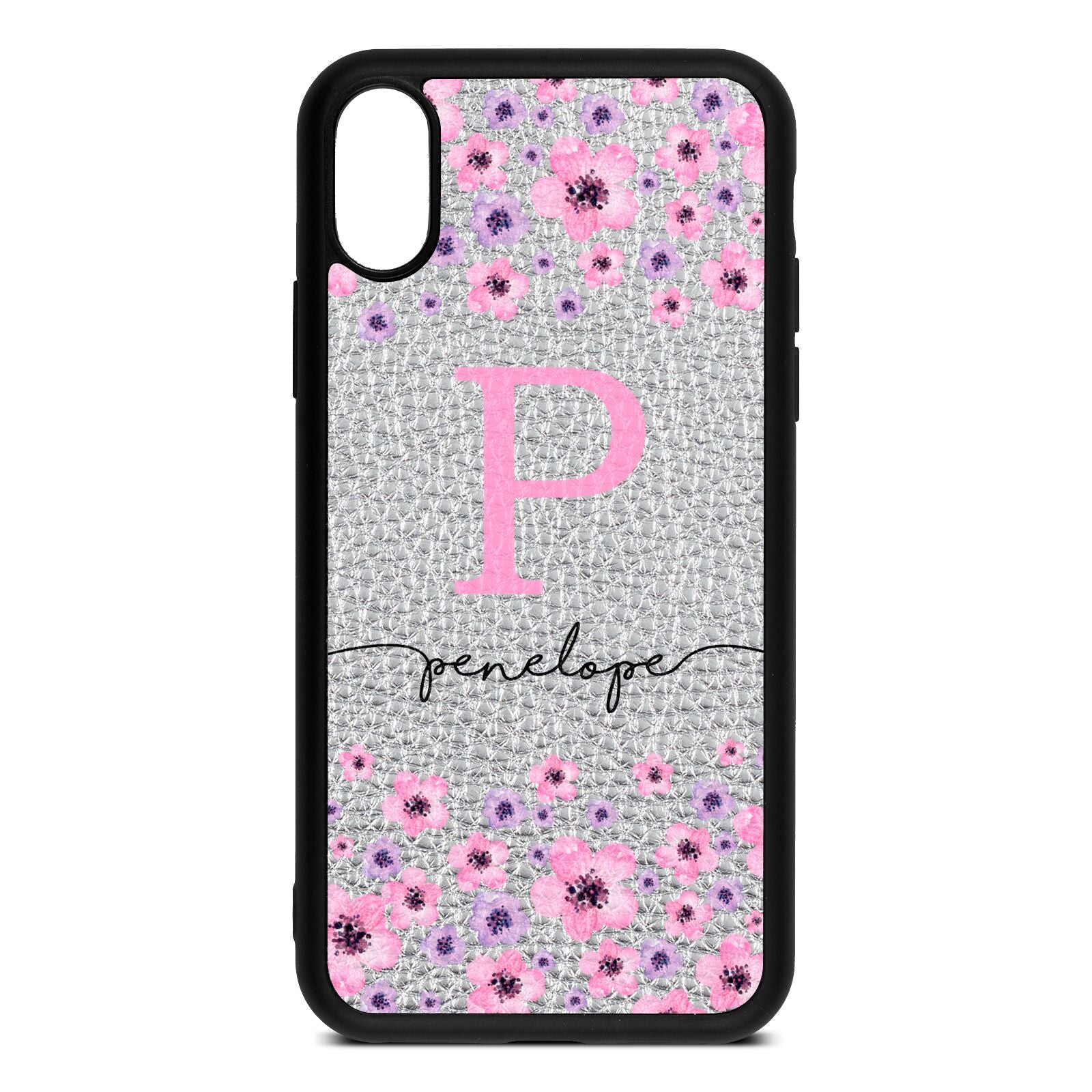 Personalised Pink Floral Silver Pebble Leather iPhone Xs Case