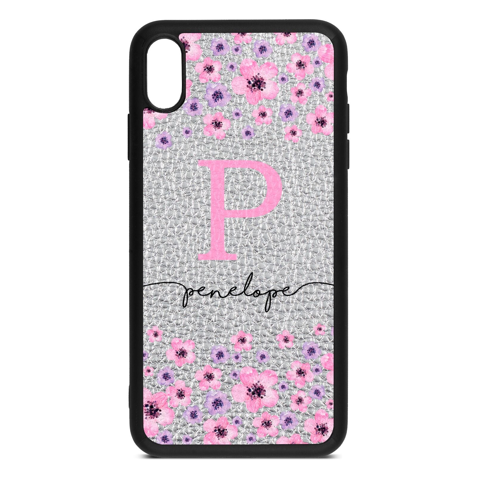 Personalised Pink Floral Silver Pebble Leather iPhone Xs Max Case