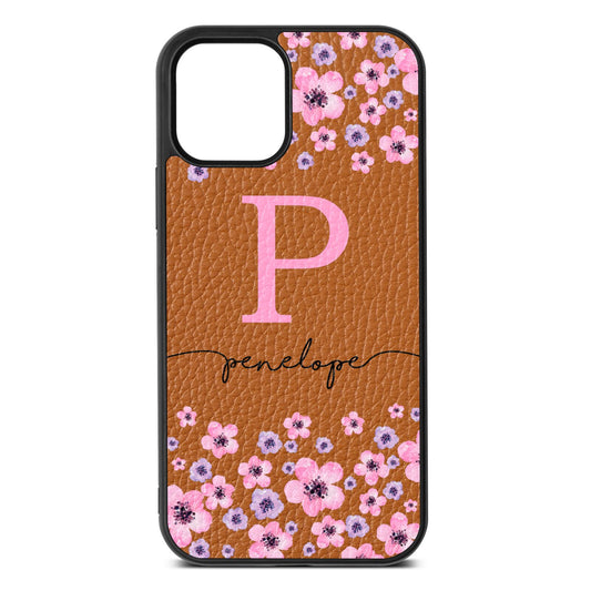Personalised Pink Floral Tan Pebble Leather iPhone 12 Case