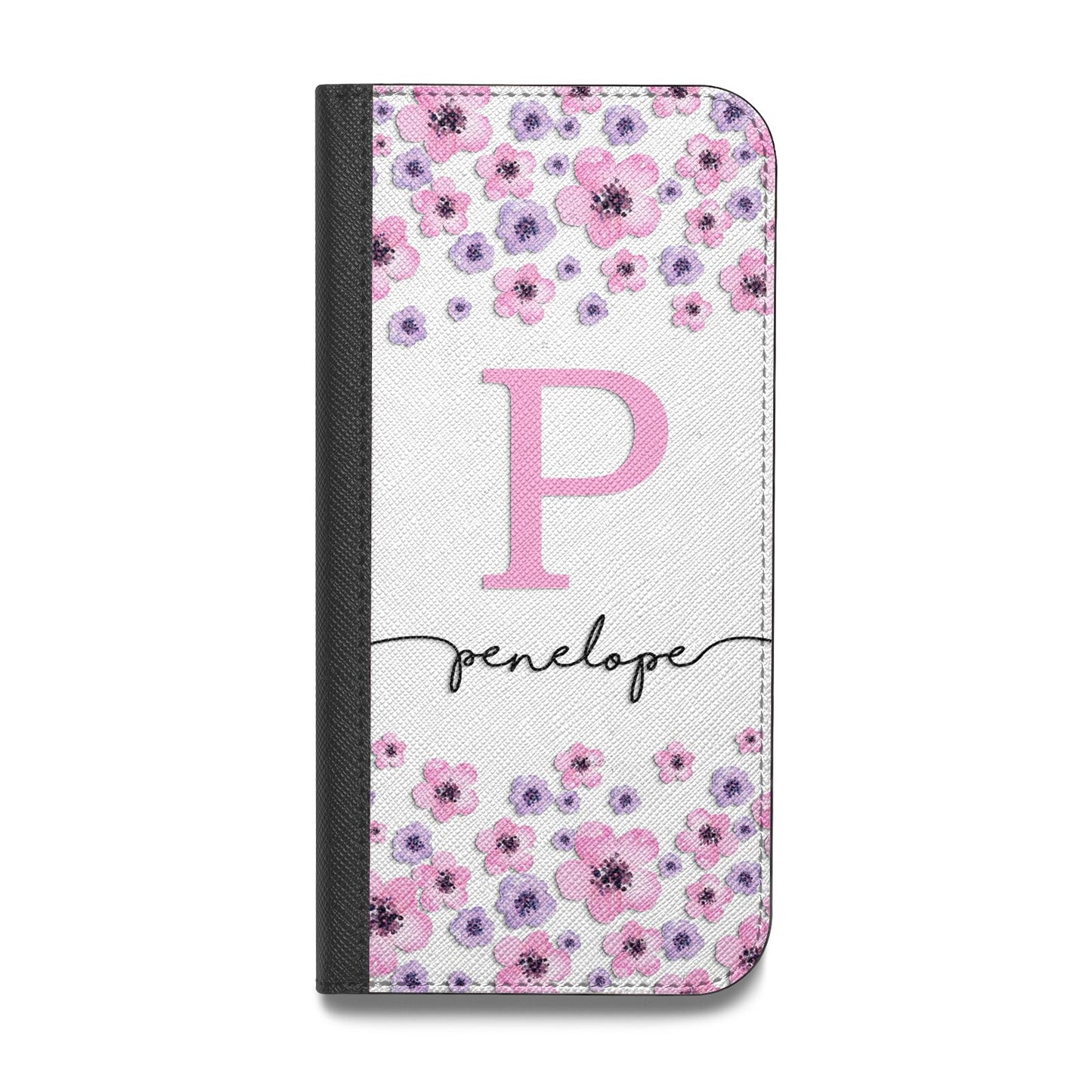 Personalised Pink Floral Vegan Leather Flip iPhone Case