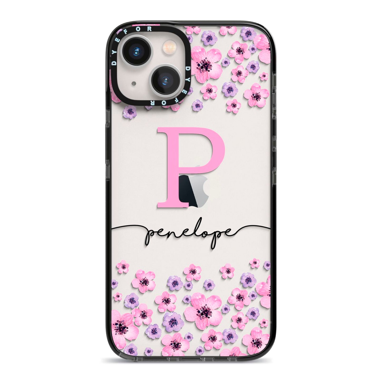 Personalised Pink Floral iPhone 13 Black Impact Case on Silver phone