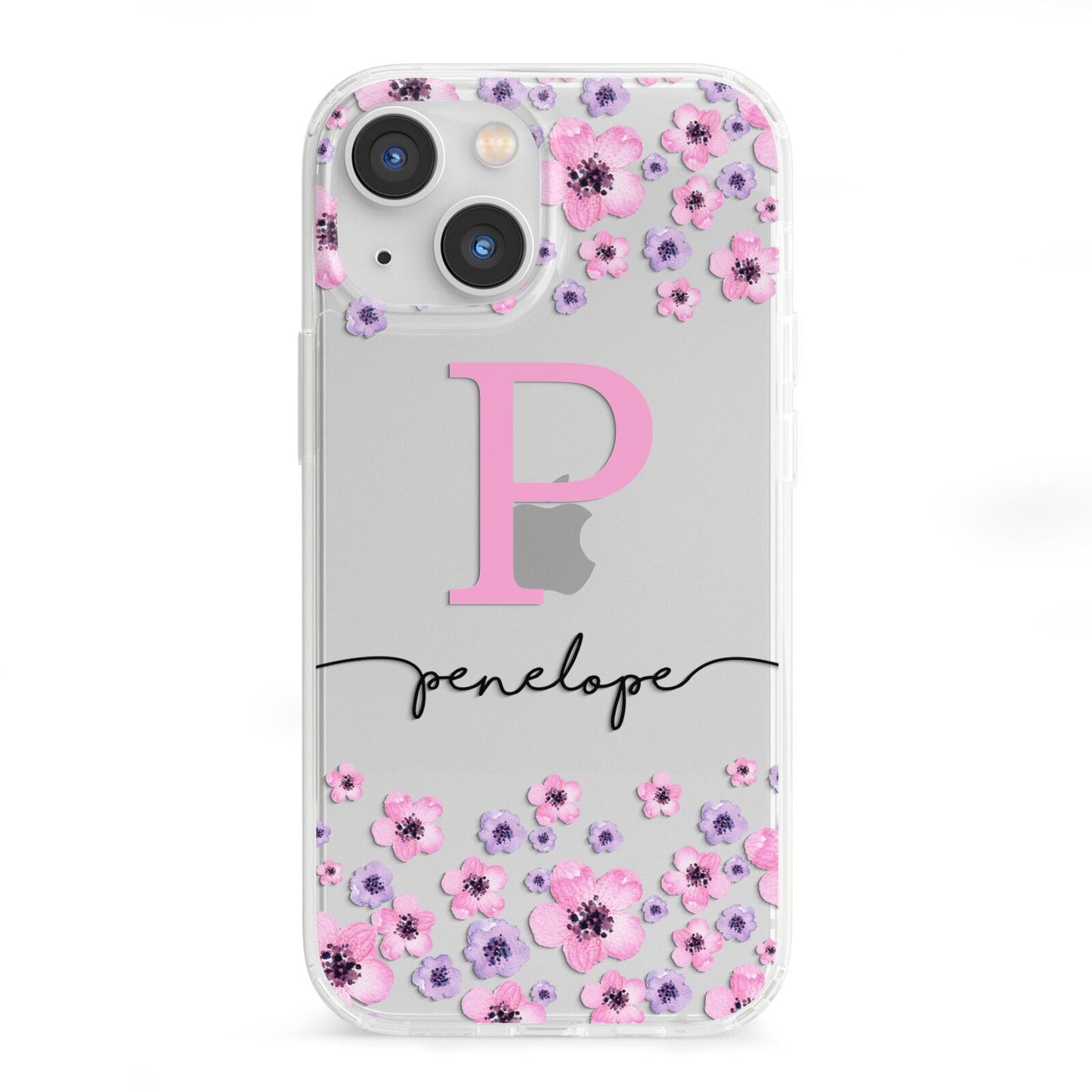 Personalised Pink Floral iPhone 13 Mini Clear Bumper Case