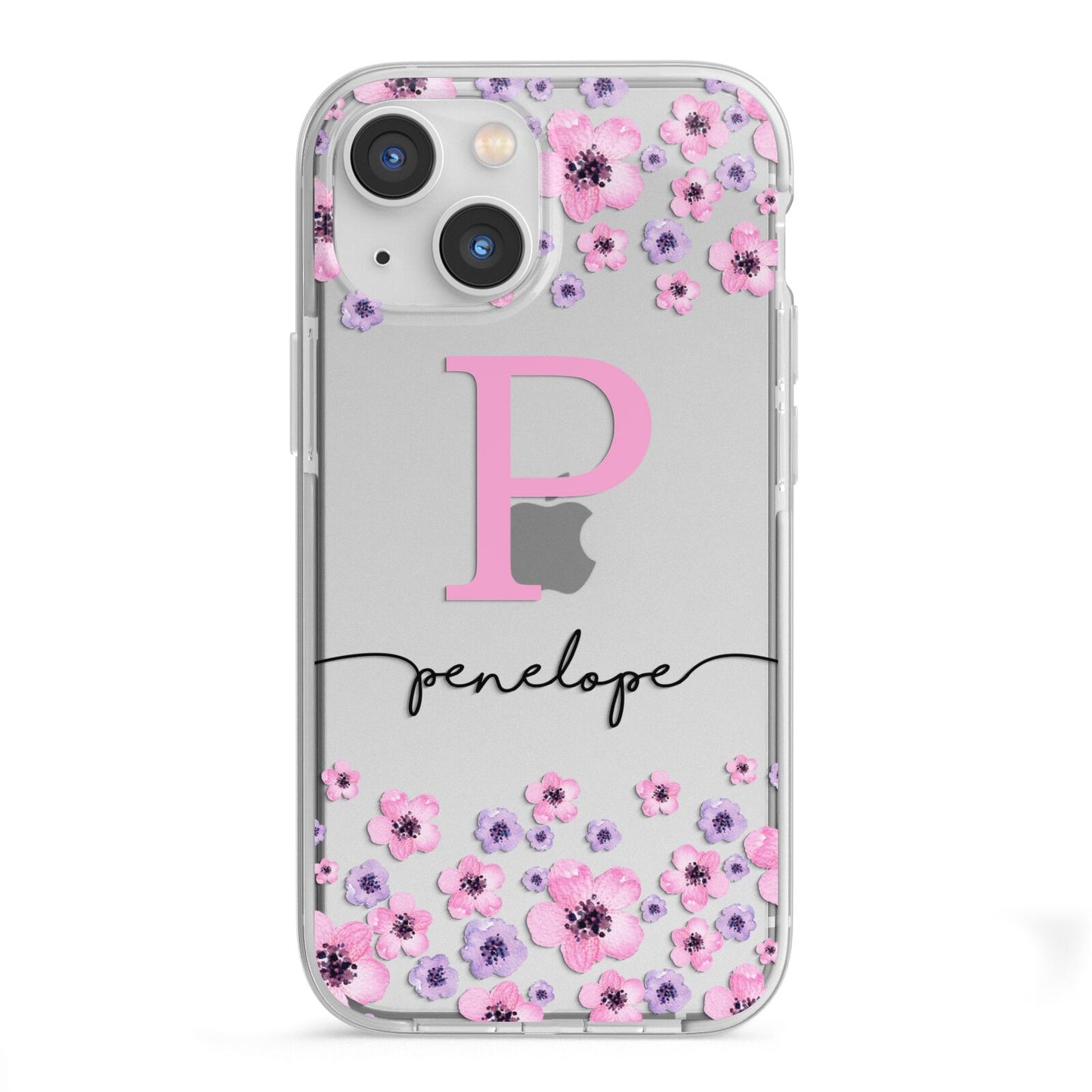 Personalised Pink Floral iPhone 13 Mini TPU Impact Case with White Edges