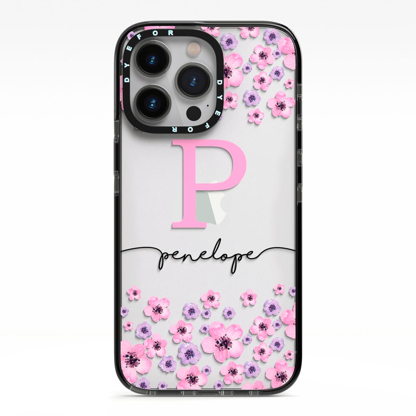 Personalised Pink Floral iPhone 13 Pro Black Impact Case on Silver phone