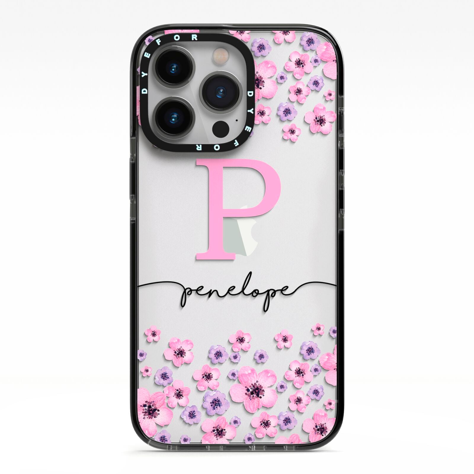 Personalised Pink Floral iPhone 13 Pro Black Impact Case on Silver phone