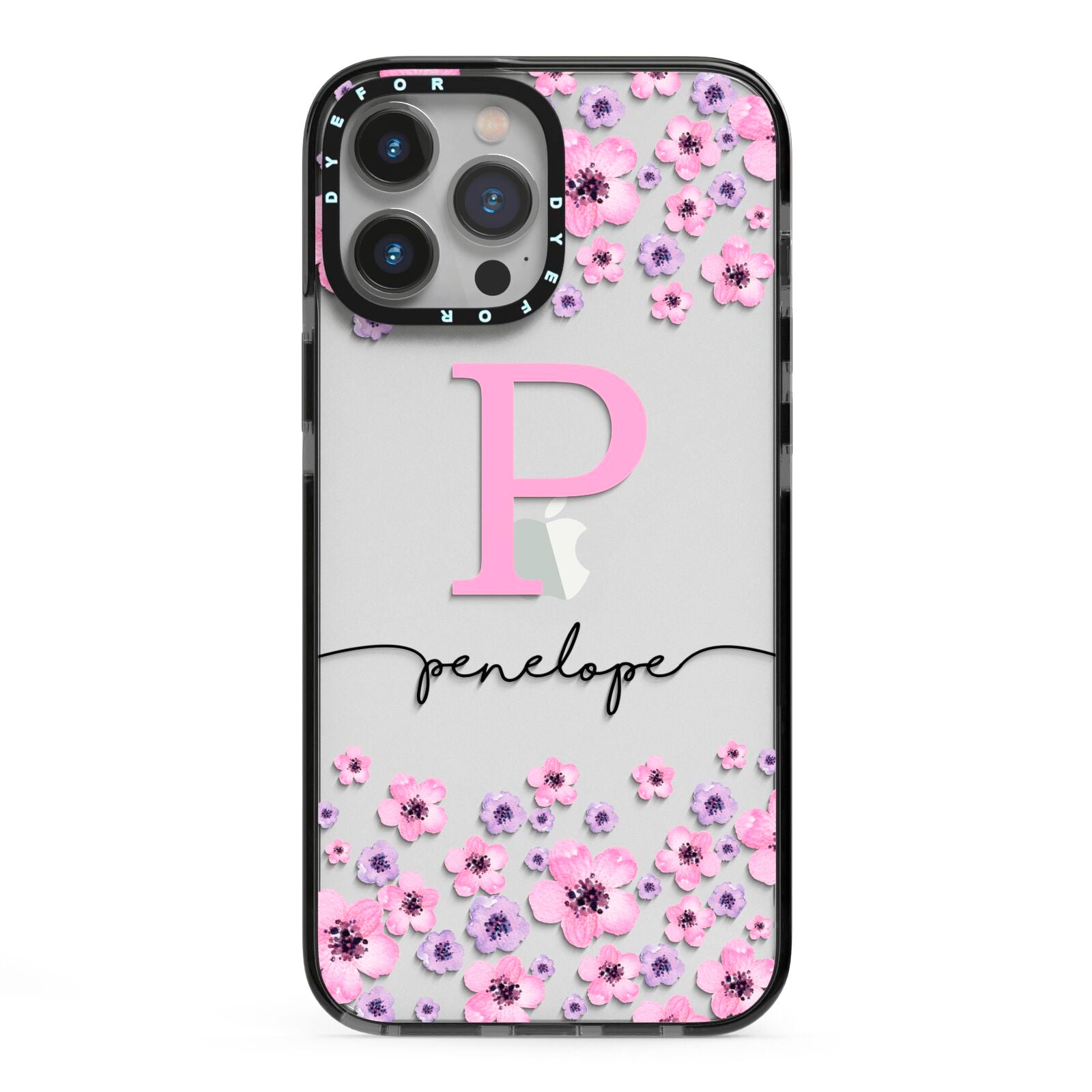 Personalised Pink Floral iPhone 13 Pro Max Black Impact Case on Silver phone