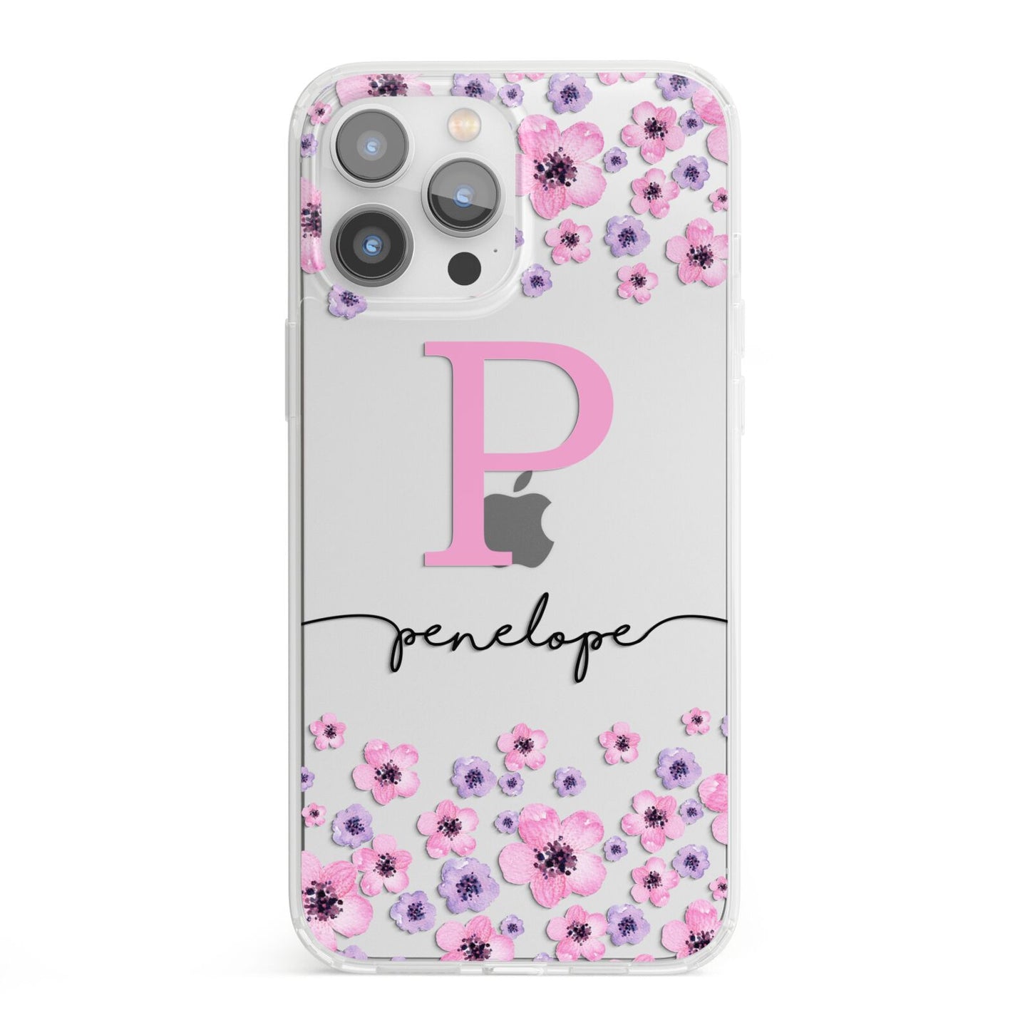 Personalised Pink Floral iPhone 13 Pro Max Clear Bumper Case
