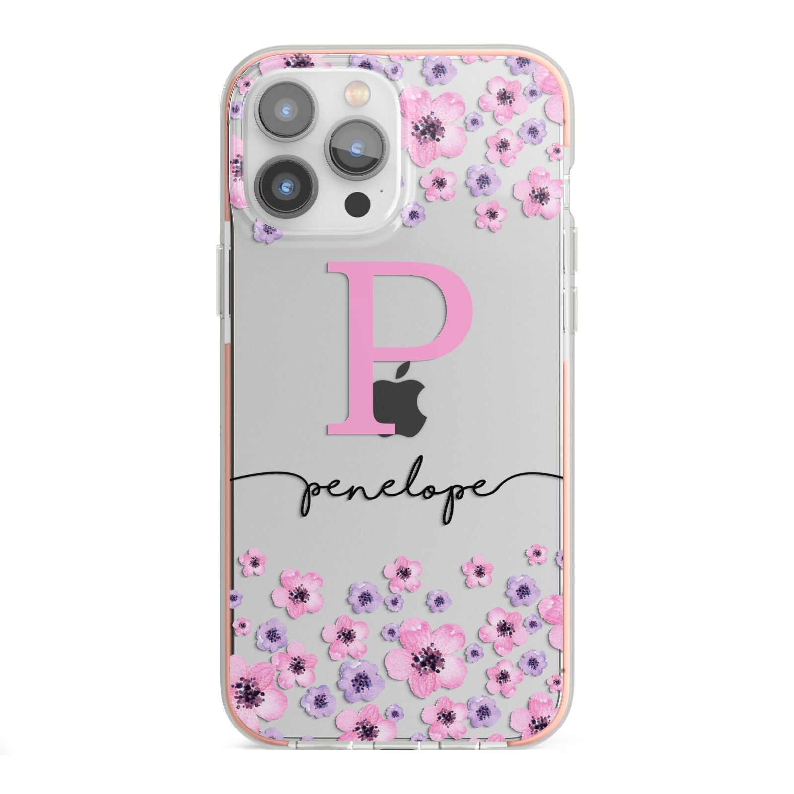 Personalised Pink Floral iPhone 13 Pro Max TPU Impact Case with Pink Edges