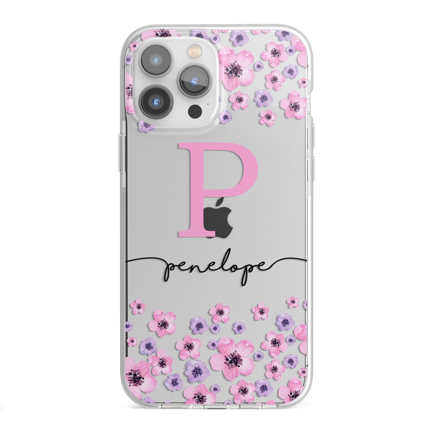 Personalised Pink Floral iPhone 13 Pro Max TPU Impact Case with White Edges