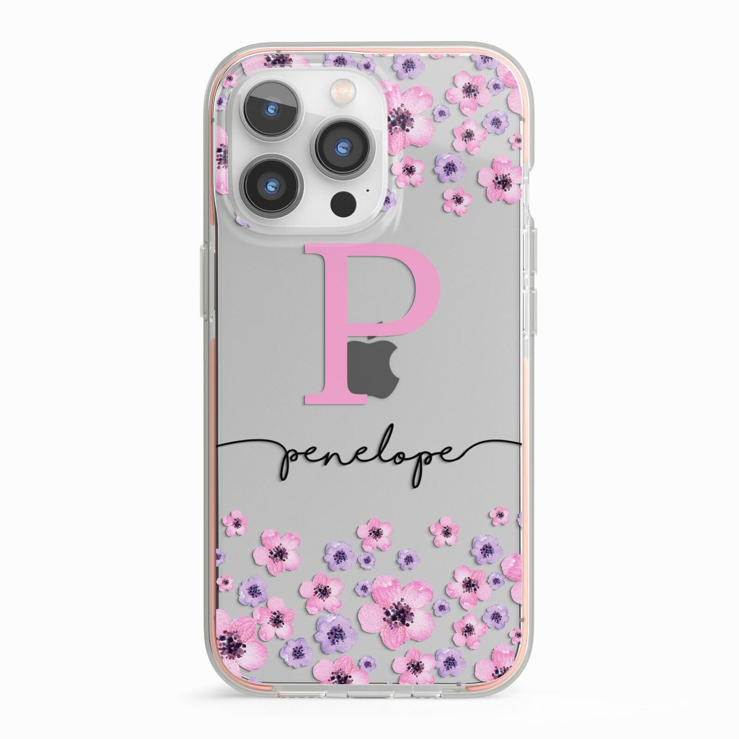 Personalised Pink Floral iPhone 13 Pro TPU Impact Case with Pink Edges