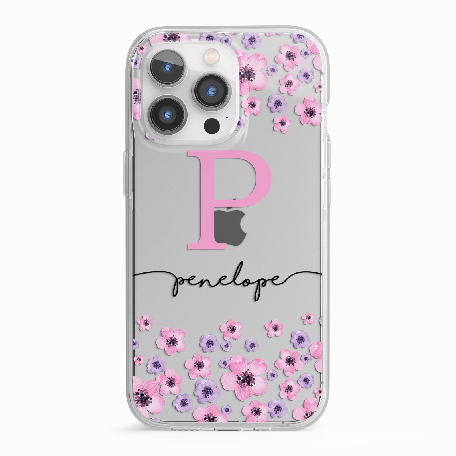 Personalised Pink Floral iPhone 13 Pro TPU Impact Case with White Edges