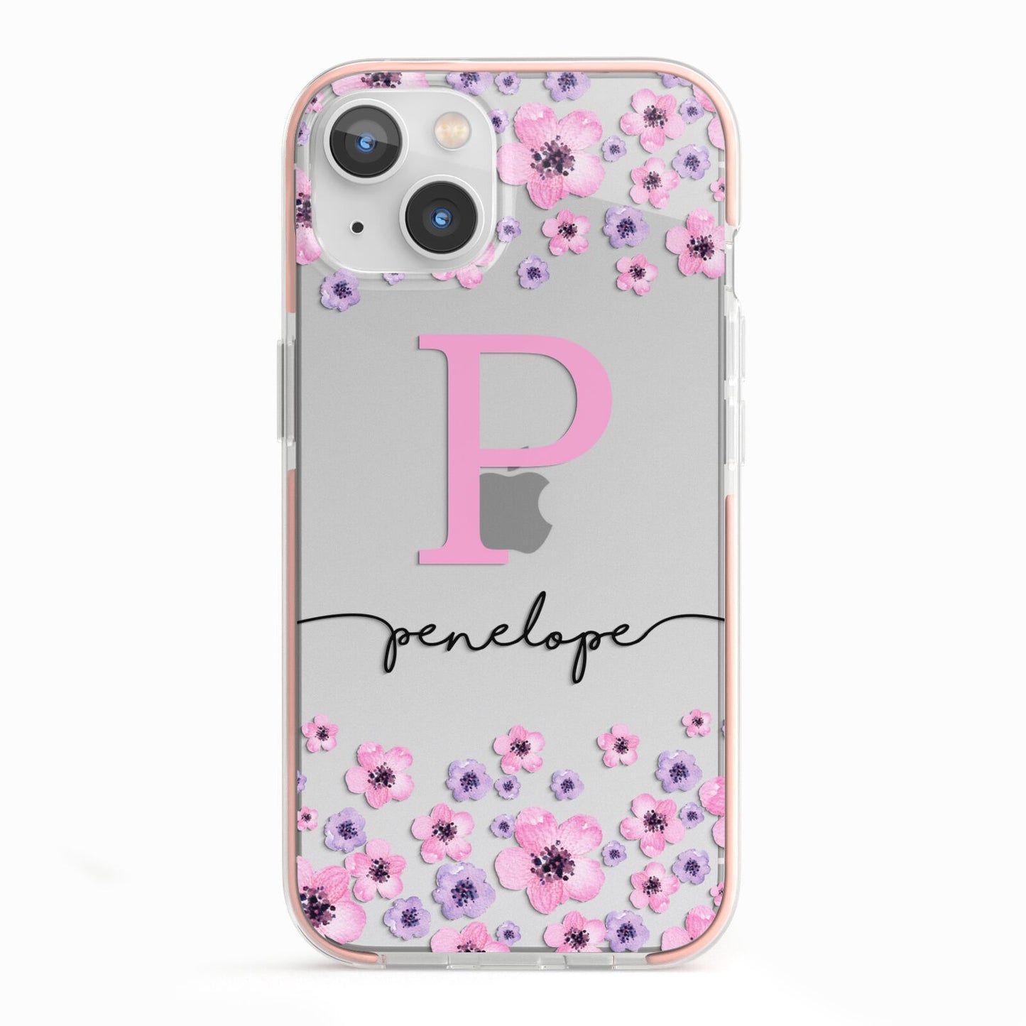 Personalised Pink Floral iPhone 13 TPU Impact Case with Pink Edges