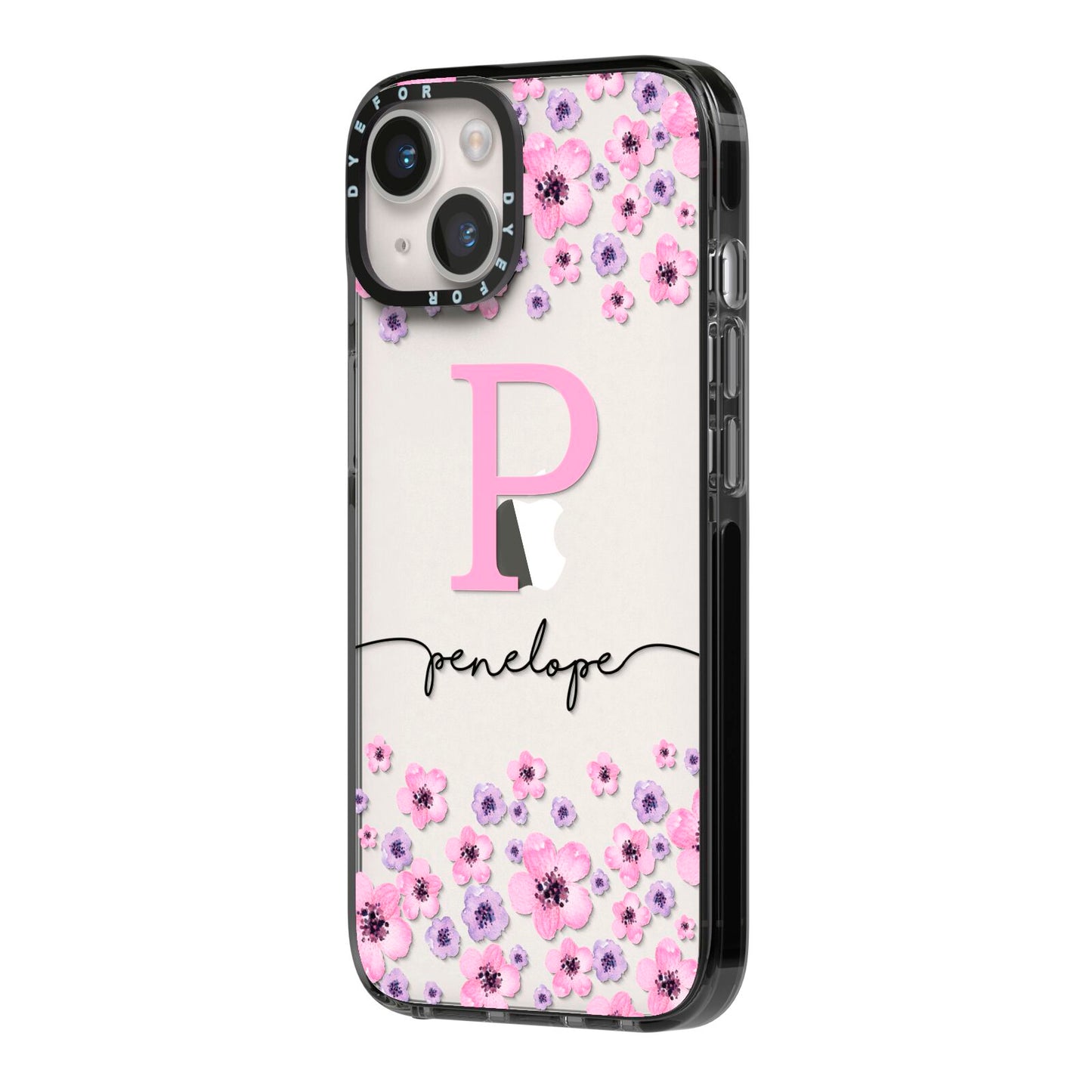 Personalised Pink Floral iPhone 14 Black Impact Case Side Angle on Silver phone