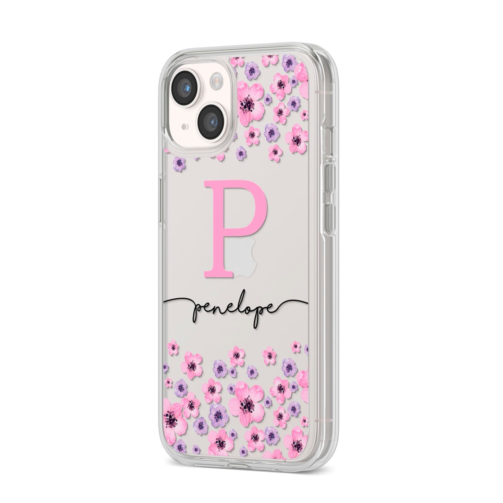 Personalised Pink Floral iPhone 14 Clear Tough Case Starlight Angled Image