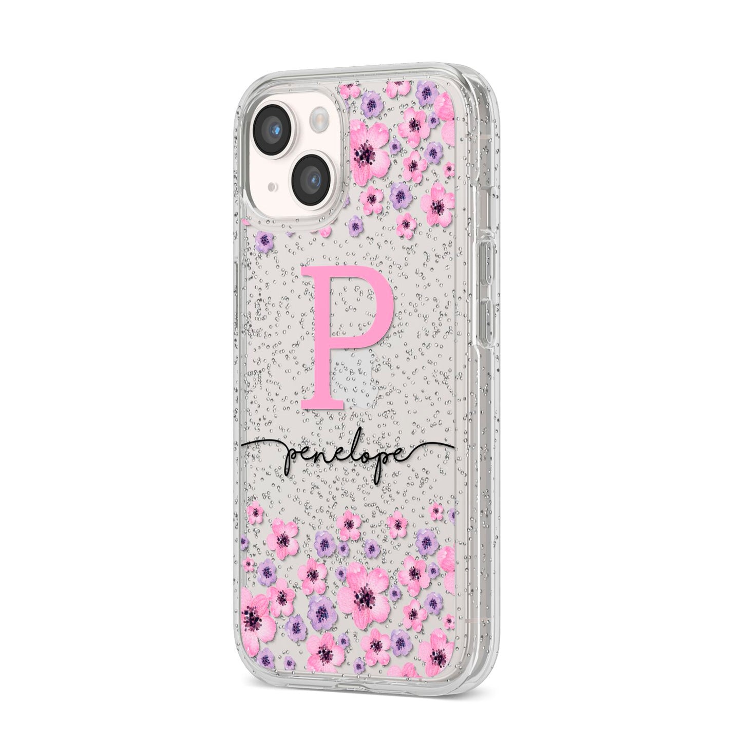 Personalised Pink Floral iPhone 14 Glitter Tough Case Starlight Angled Image