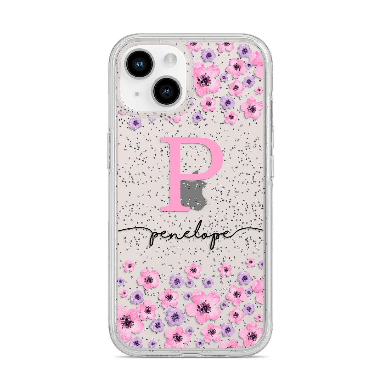 Personalised Pink Floral iPhone 14 Glitter Tough Case Starlight
