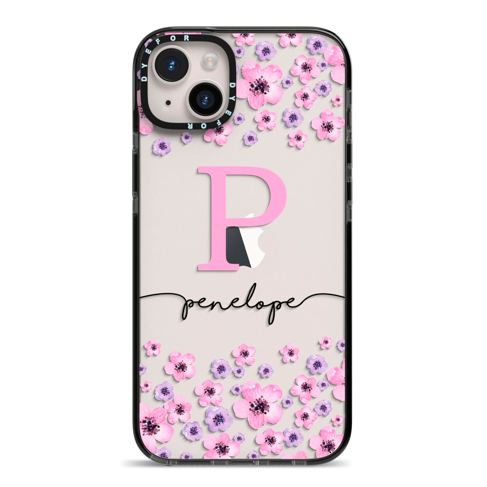 Personalised Pink Floral iPhone 14 Plus Black Impact Case on Silver phone