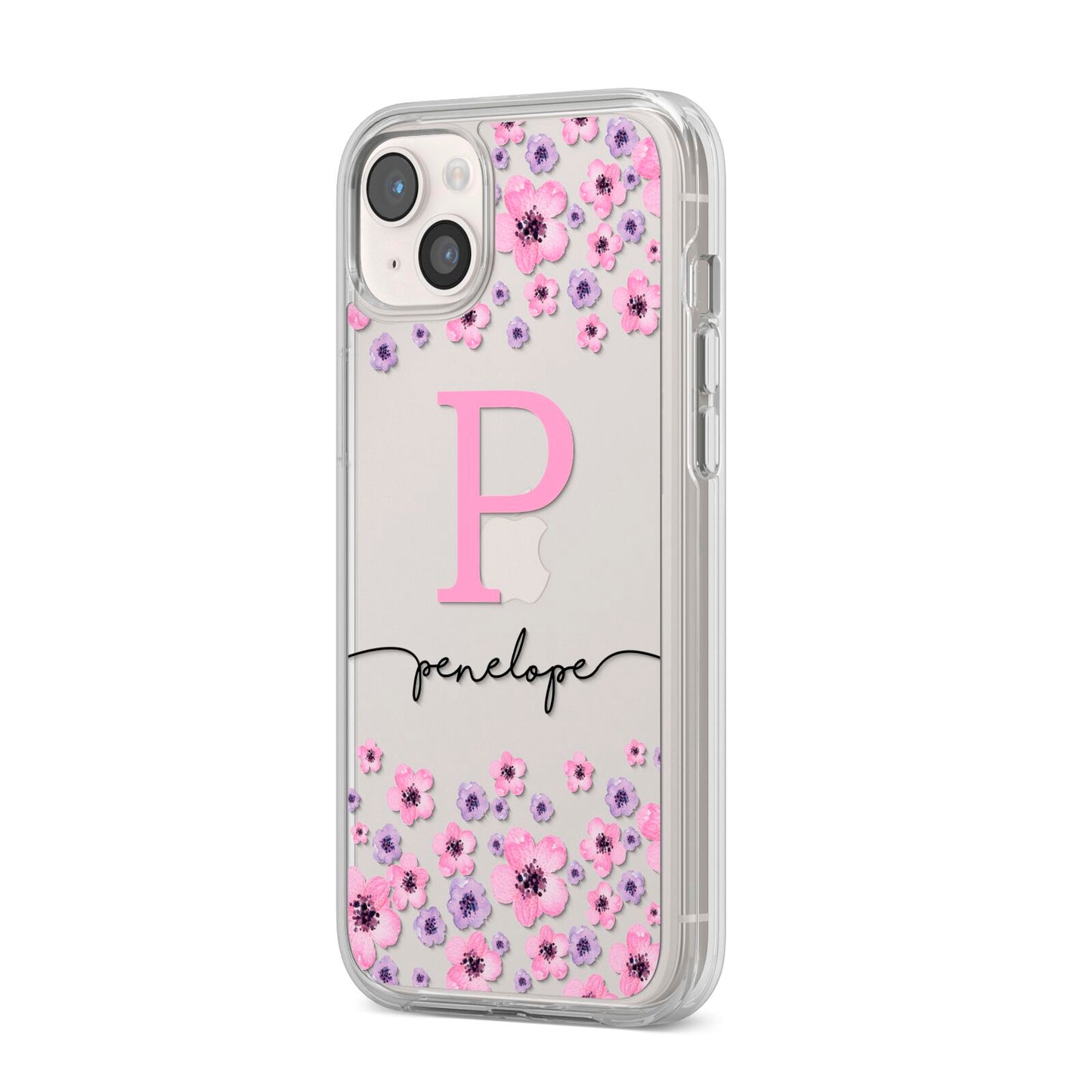 Personalised Pink Floral iPhone 14 Plus Clear Tough Case Starlight Angled Image