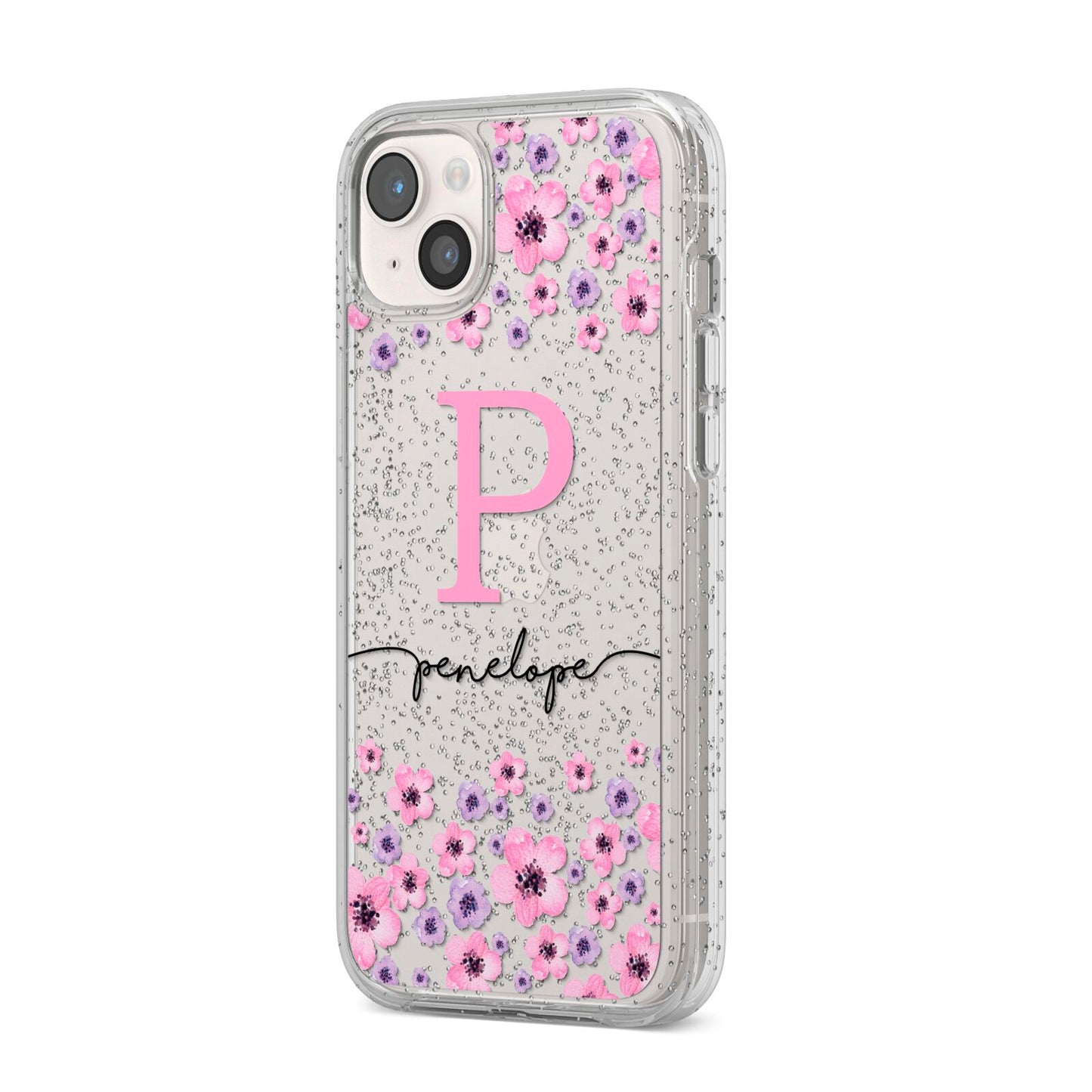 Personalised Pink Floral iPhone 14 Plus Glitter Tough Case Starlight Angled Image