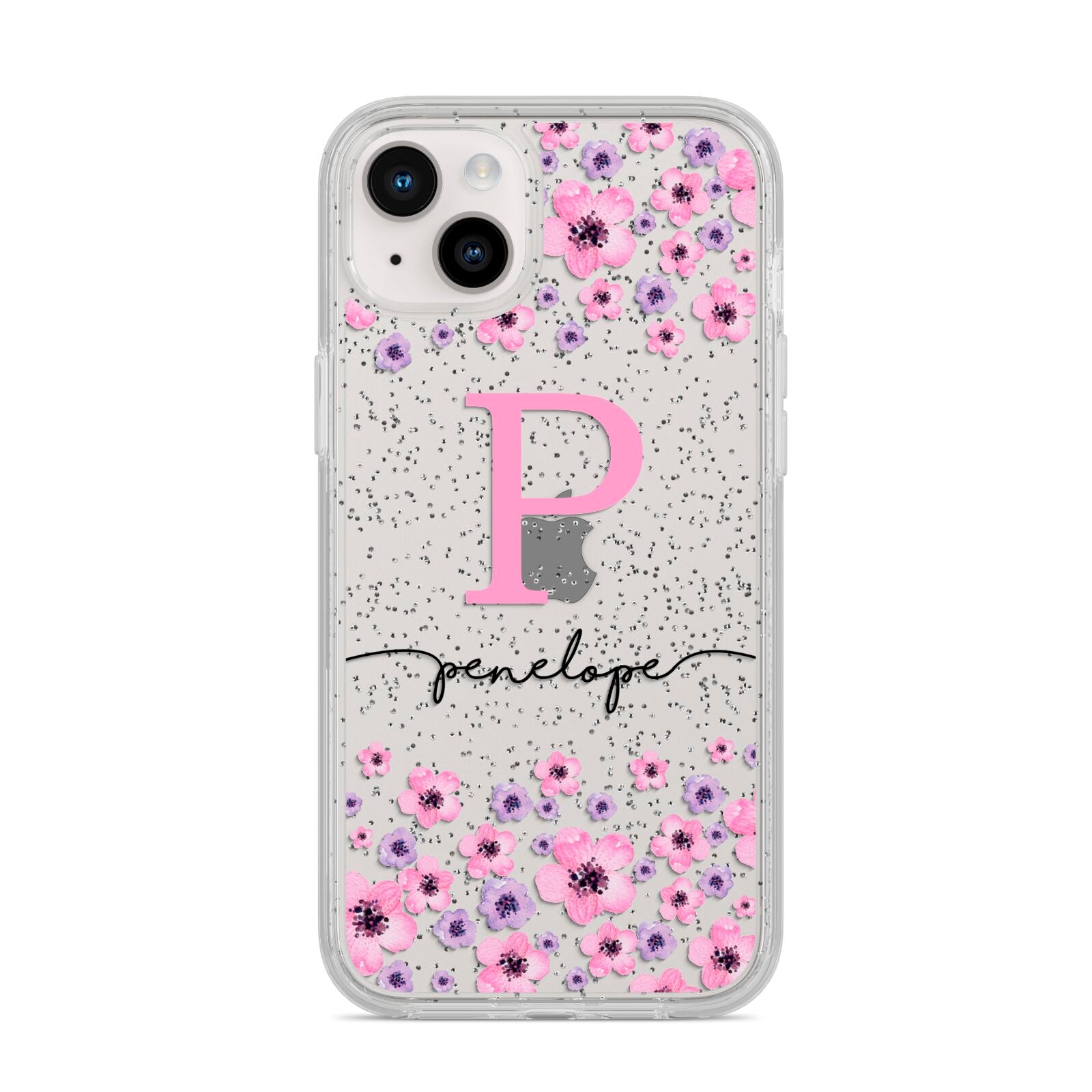 Personalised Pink Floral iPhone 14 Plus Glitter Tough Case Starlight