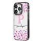 Personalised Pink Floral iPhone 14 Pro Black Impact Case Side Angle on Silver phone