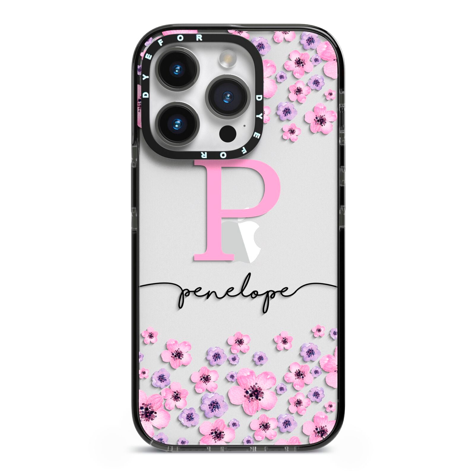 Personalised Pink Floral iPhone 14 Pro Black Impact Case on Silver phone