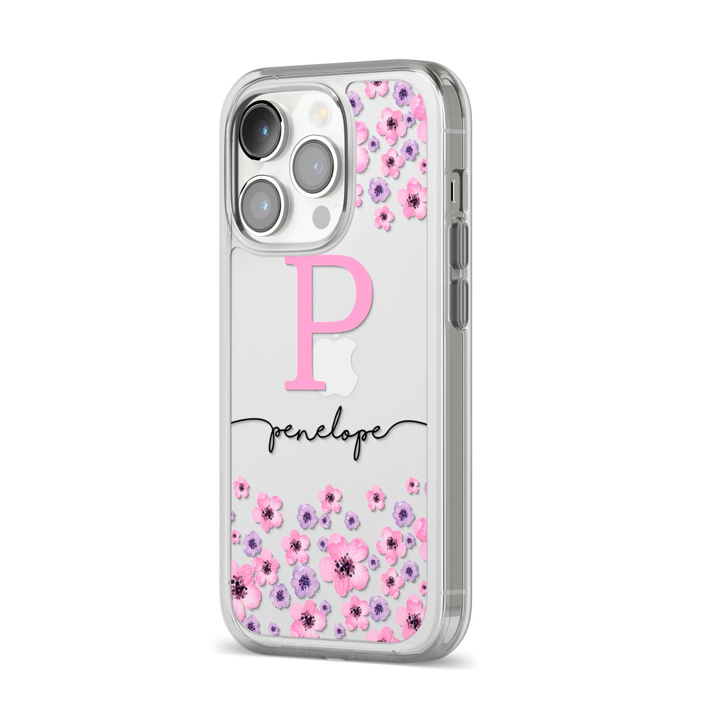 Personalised Pink Floral iPhone 14 Pro Clear Tough Case Silver Angled Image