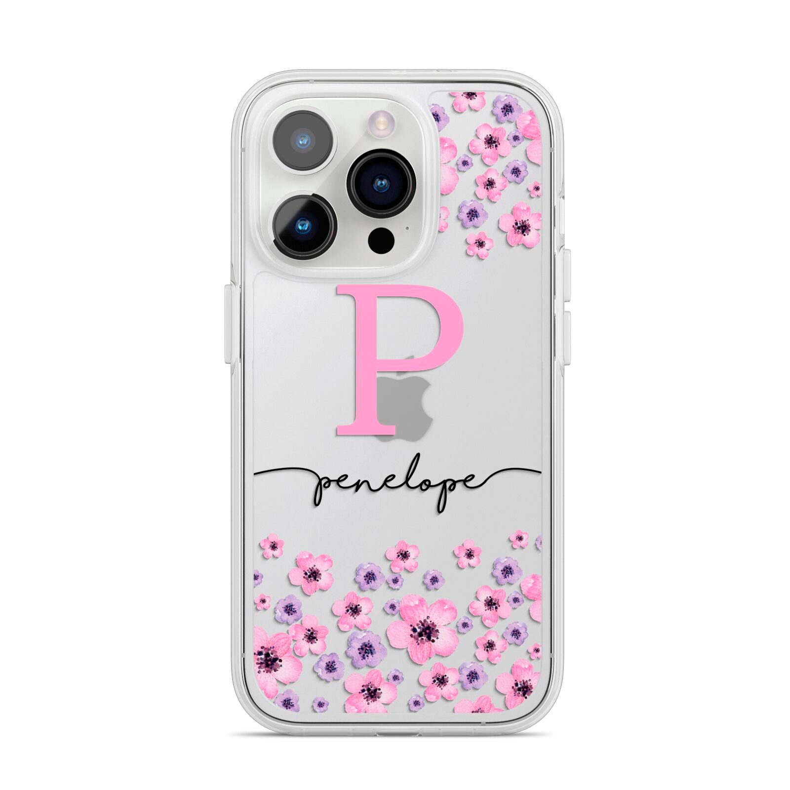 Personalised Pink Floral iPhone 14 Pro Clear Tough Case Silver